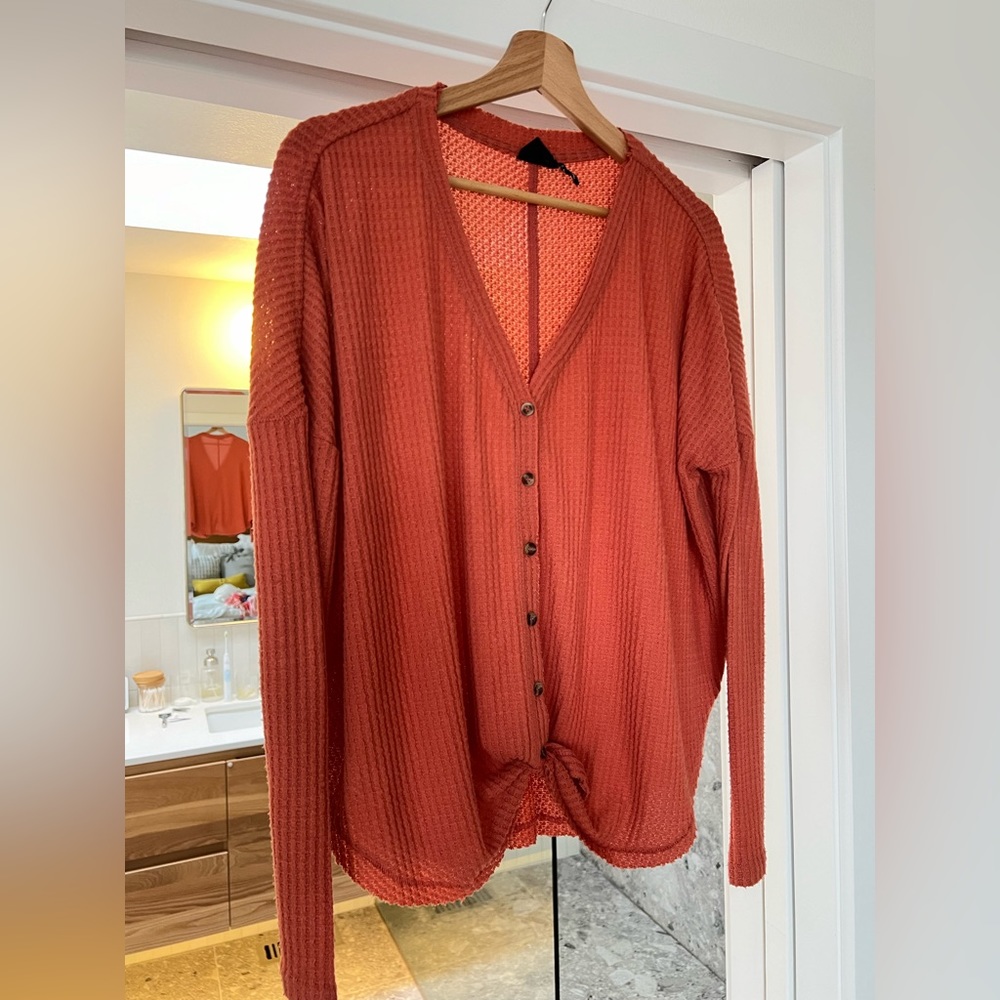 Burnt orange waffle print button down long sleeve shirt